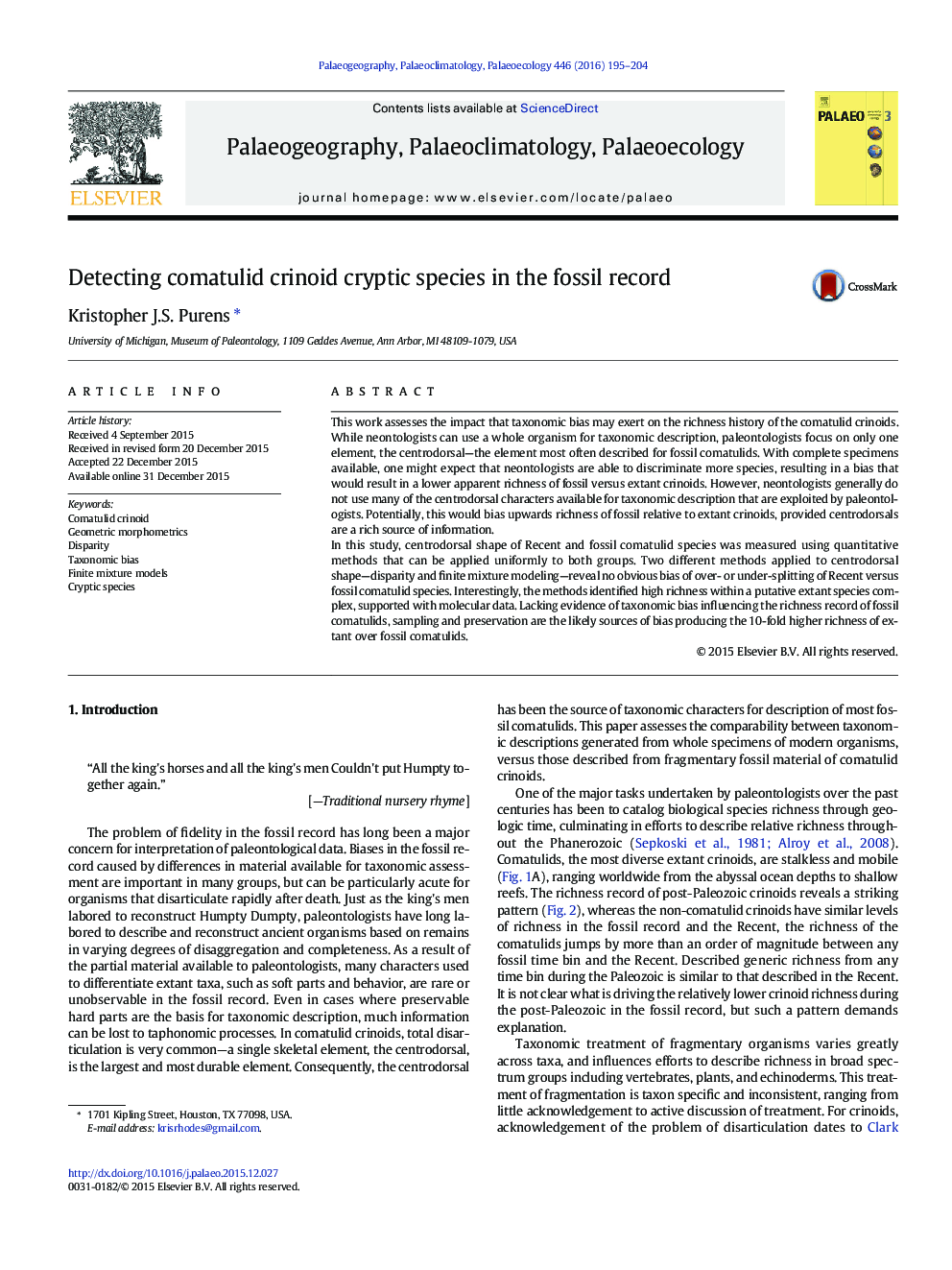 Detecting comatulid crinoid cryptic species in the fossil record