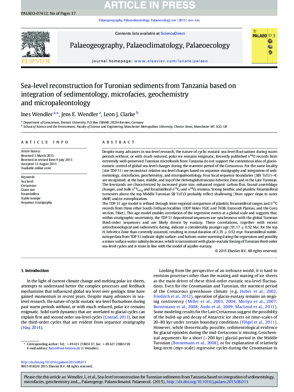 Sea-level reconstruction for Turonian sediments from Tanzania based on integration of sedimentology, microfacies, geochemistry and micropaleontology