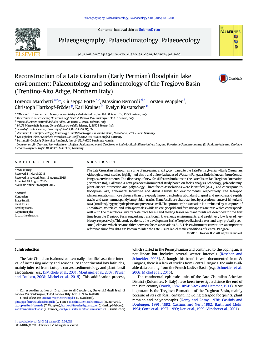 Reconstruction of a Late Cisuralian (Early Permian) floodplain lake environment: Palaeontology and sedimentology of the Tregiovo Basin (Trentino-Alto Adige, Northern Italy)