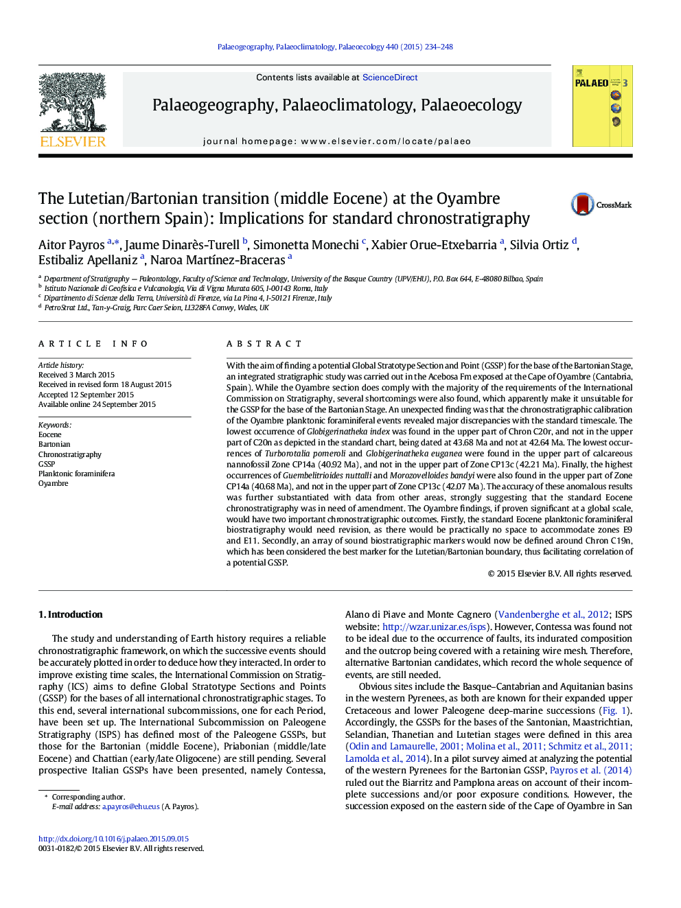 The Lutetian/Bartonian transition (middle Eocene) at the Oyambre section (northern Spain): Implications for standard chronostratigraphy