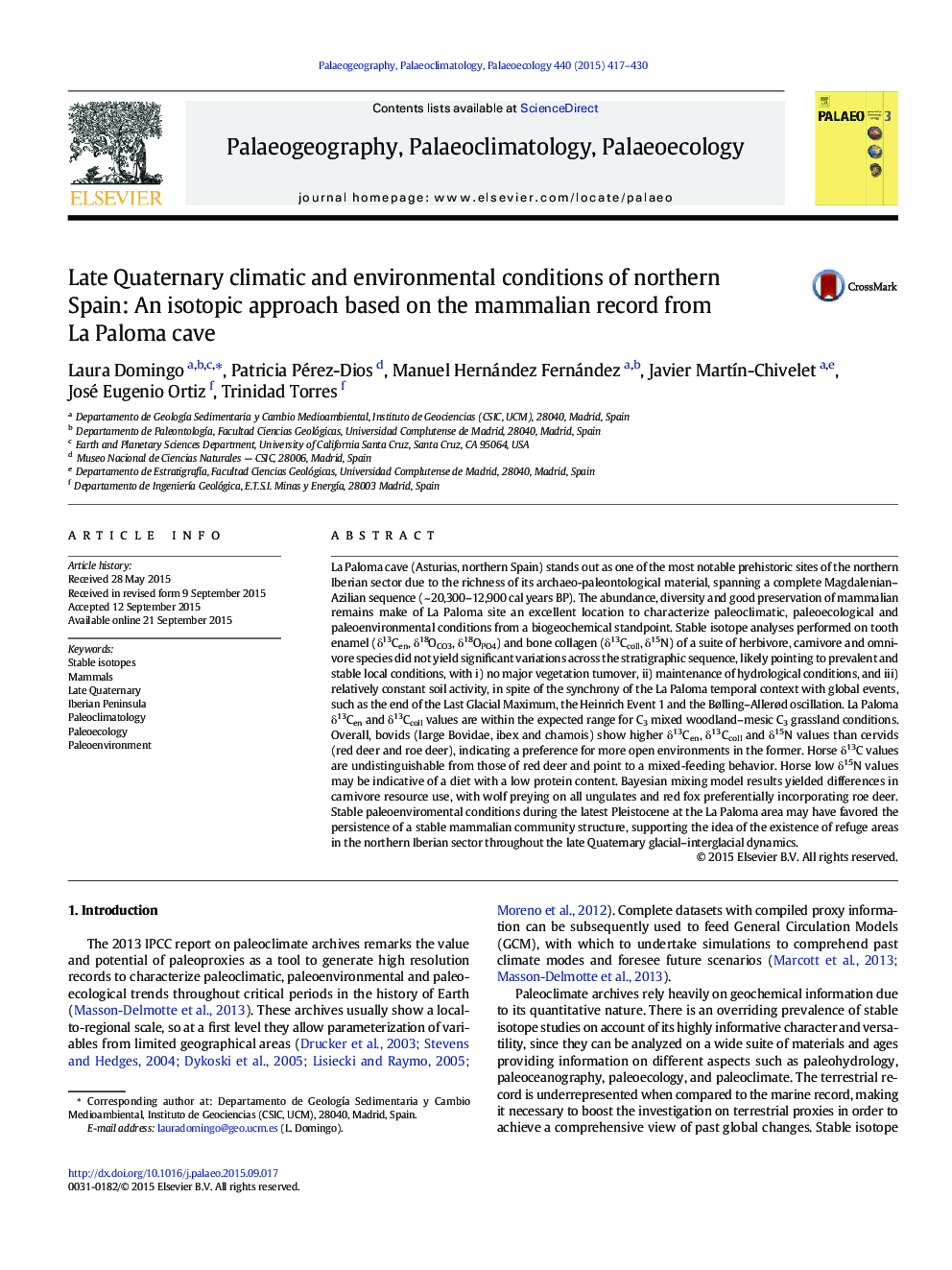 Late Quaternary climatic and environmental conditions of northern Spain: An isotopic approach based on the mammalian record from La Paloma cave