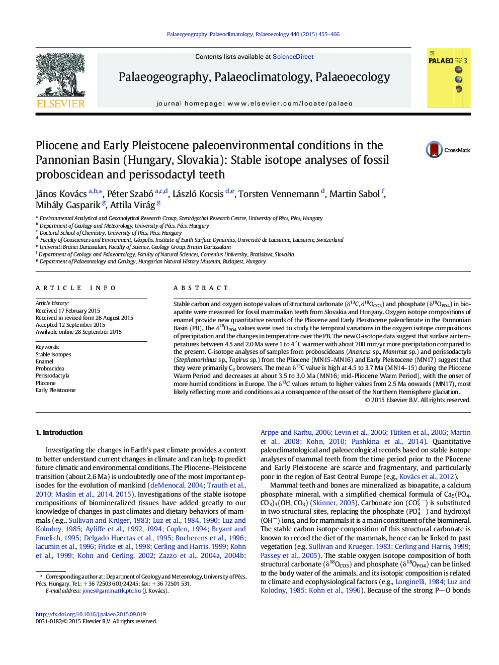 Pliocene and Early Pleistocene paleoenvironmental conditions in the Pannonian Basin (Hungary, Slovakia): Stable isotope analyses of fossil proboscidean and perissodactyl teeth