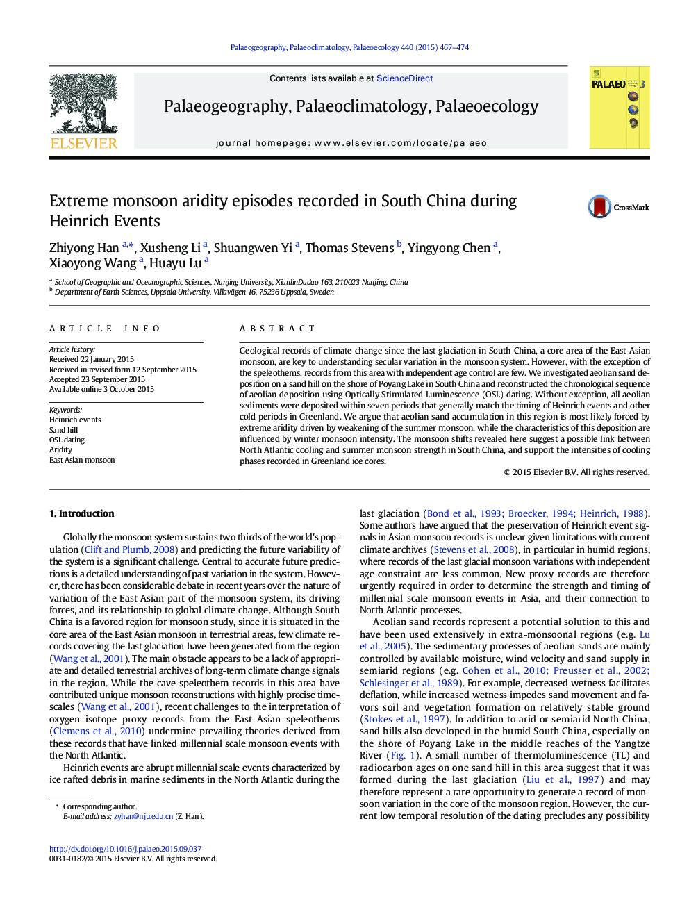 Extreme monsoon aridity episodes recorded in South China during Heinrich Events