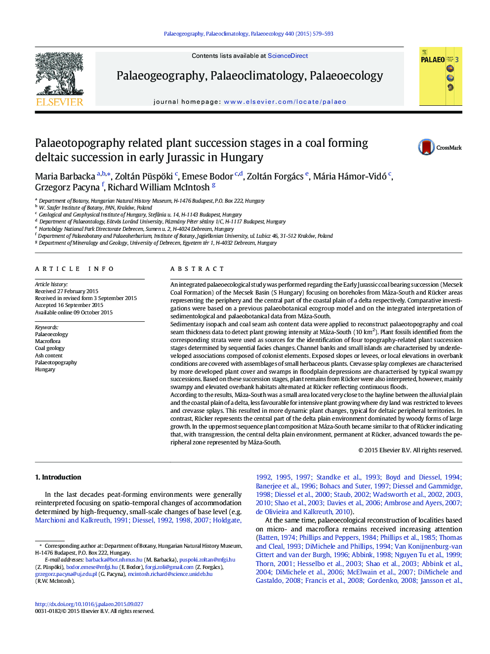 Palaeotopography related plant succession stages in a coal forming deltaic succession in early Jurassic in Hungary