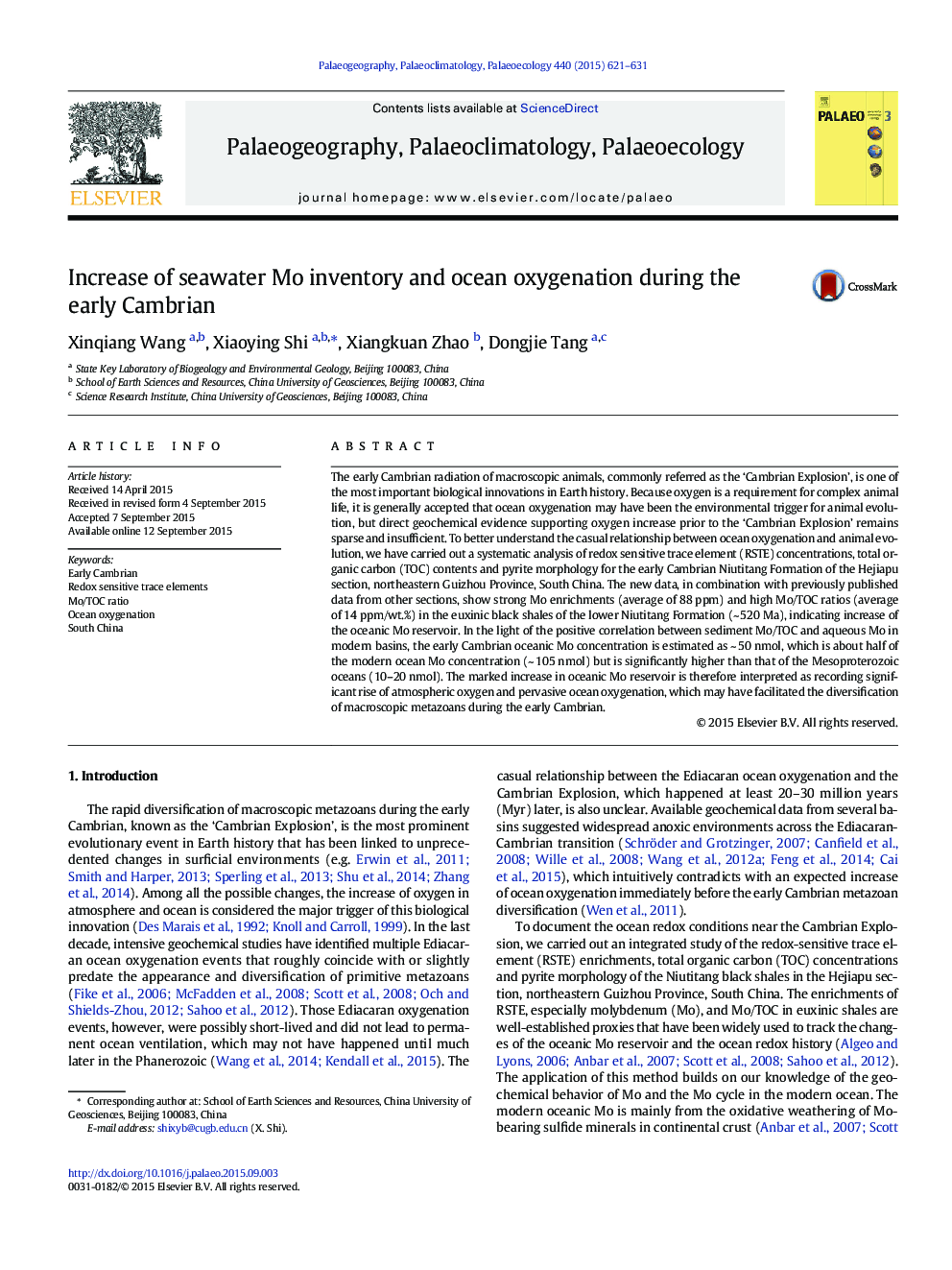 عکس صفحه اول مقاله: Increase of seawater Mo inventory and ocean oxygenation during the early Cambrian Increase of seawater Mo inventory and ocean oxygenation during the early Cambrian