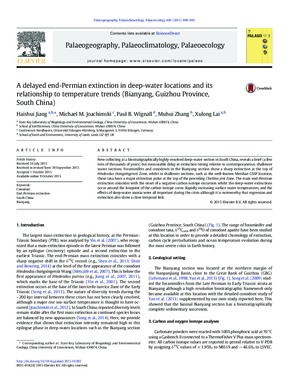 A delayed end-Permian extinction in deep-water locations and its relationship to temperature trends (Bianyang, Guizhou Province, South China)