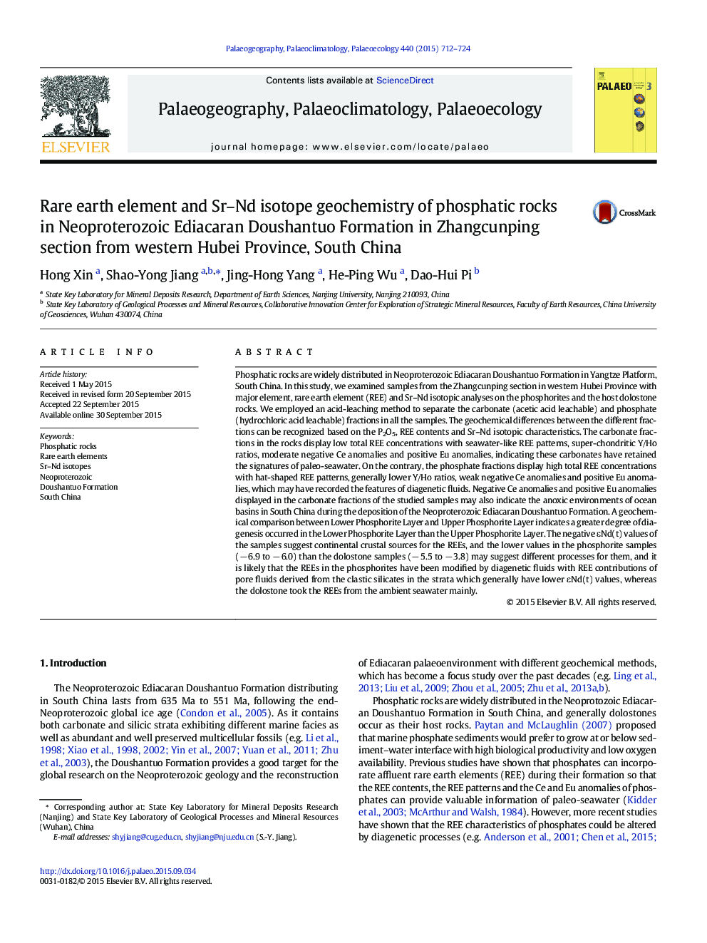 Rare earth element and Sr-Nd isotope geochemistry of phosphatic rocks in Neoproterozoic Ediacaran Doushantuo Formation in Zhangcunping section from western Hubei Province, South China