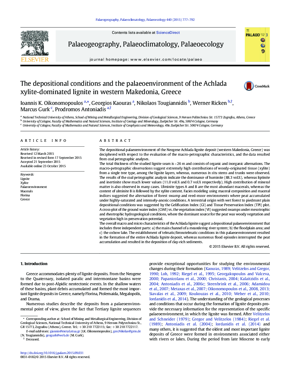 The depositional conditions and the palaeoenvironment of the Achlada xylite-dominated lignite in western Makedonia, Greece