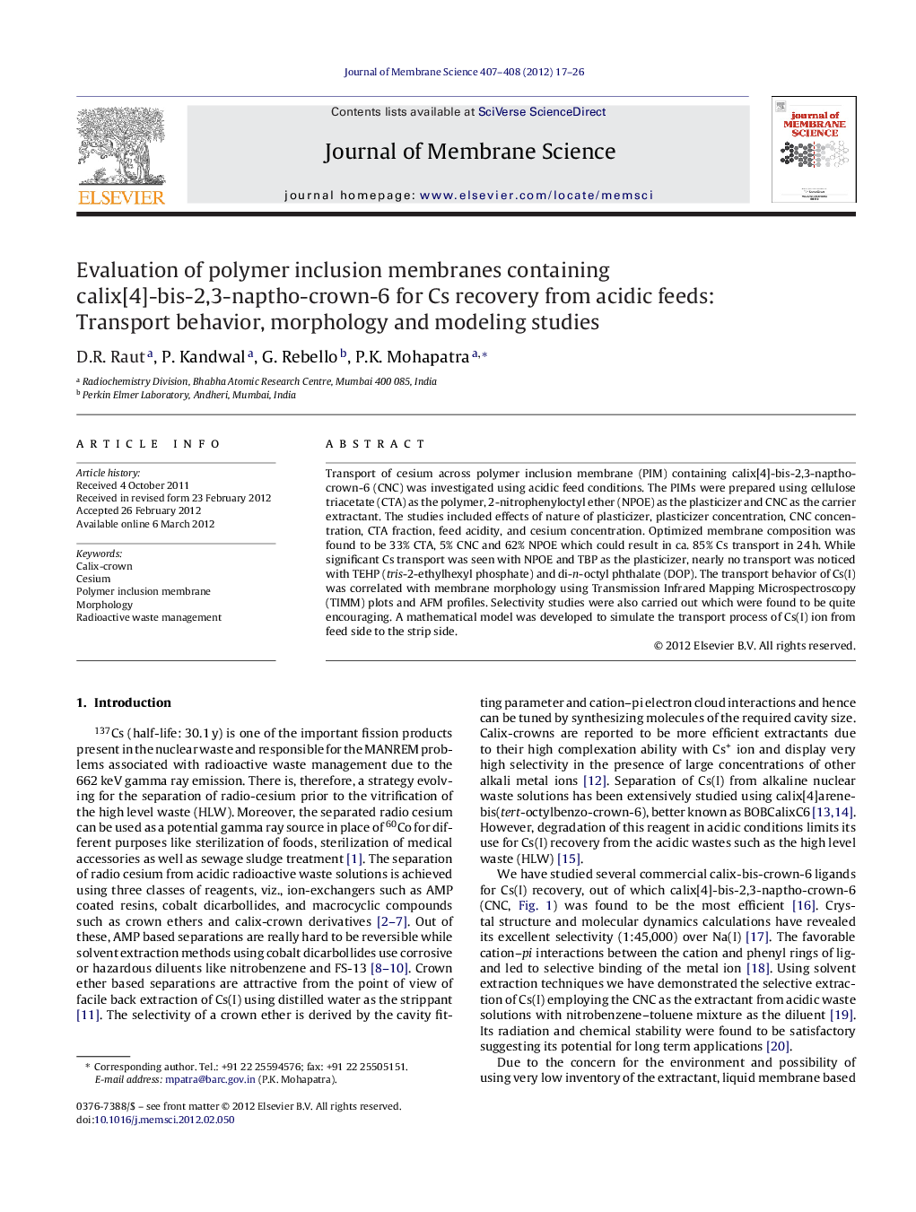 Evaluation of polymer inclusion membranes containing calix[4]-bis-2,3-naptho-crown-6 for Cs recovery from acidic feeds: Transport behavior, morphology and modeling studies