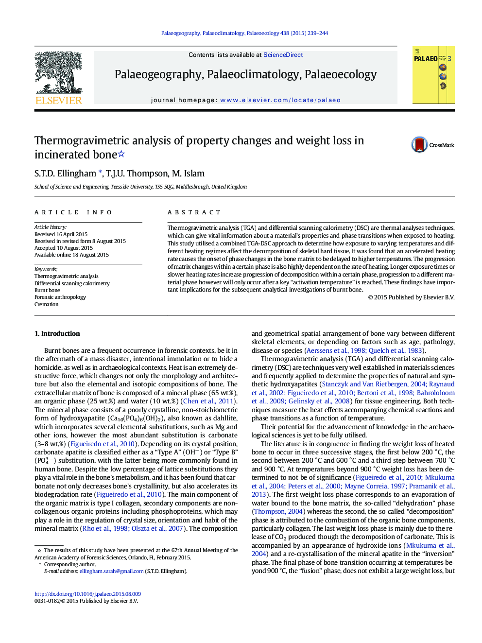 Thermogravimetric analysis of property changes and weight loss in incinerated bone