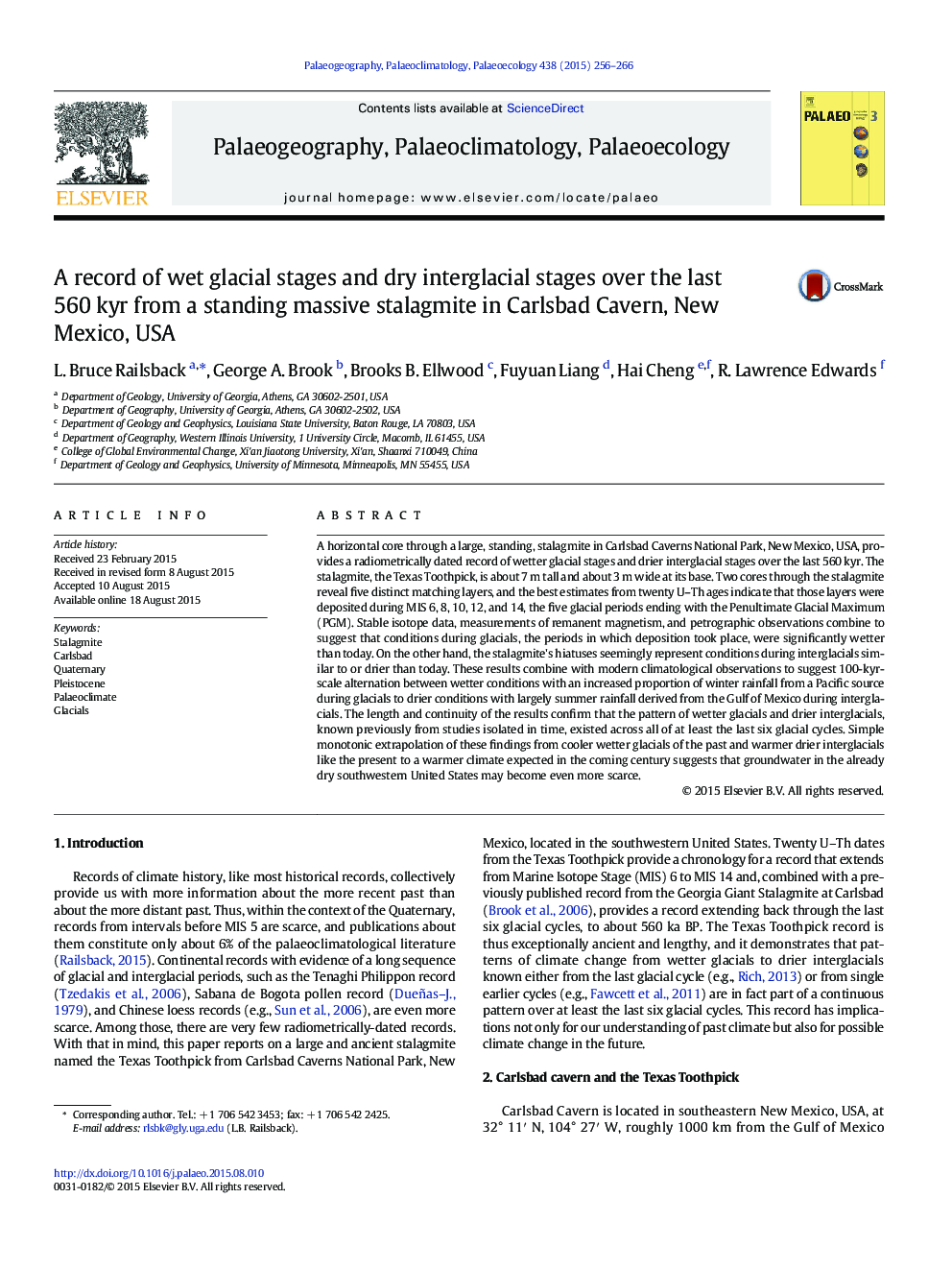 A record of wet glacial stages and dry interglacial stages over the last 560Â kyr from a standing massive stalagmite in Carlsbad Cavern, New Mexico, USA