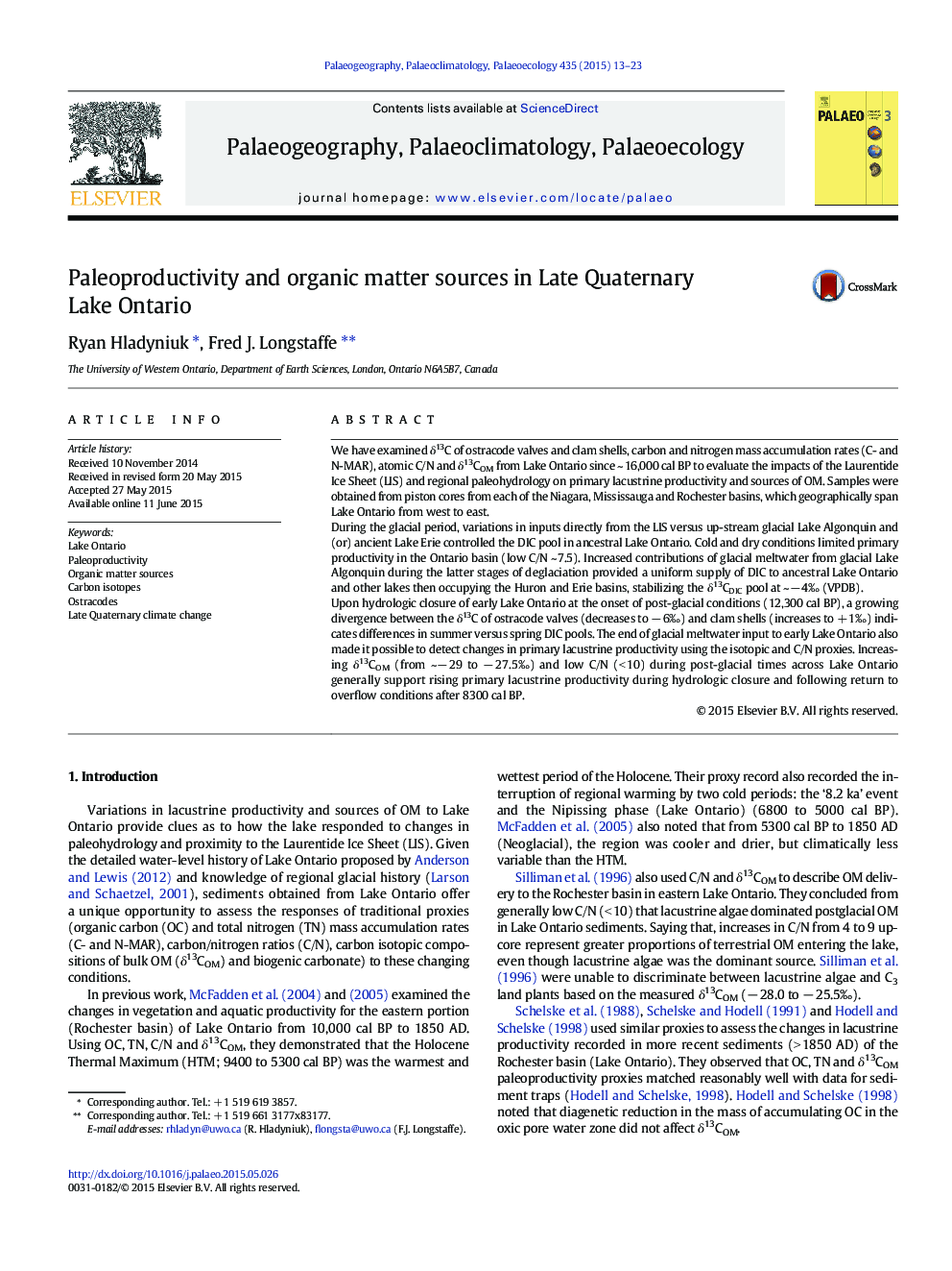 Paleoproductivity and organic matter sources in Late Quaternary Lake Ontario