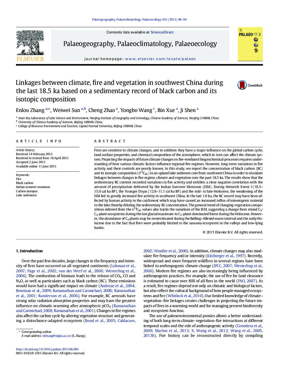 Linkages between climate, fire and vegetation in southwest China during the last 18.5Â ka based on a sedimentary record of black carbon and its isotopic composition