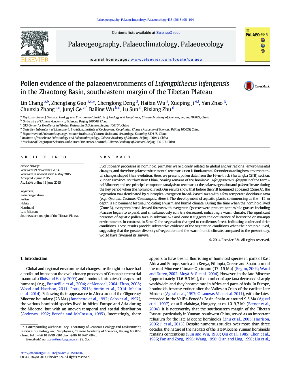 Pollen evidence of the palaeoenvironments of Lufengpithecus lufengensis in the Zhaotong Basin, southeastern margin of the Tibetan Plateau