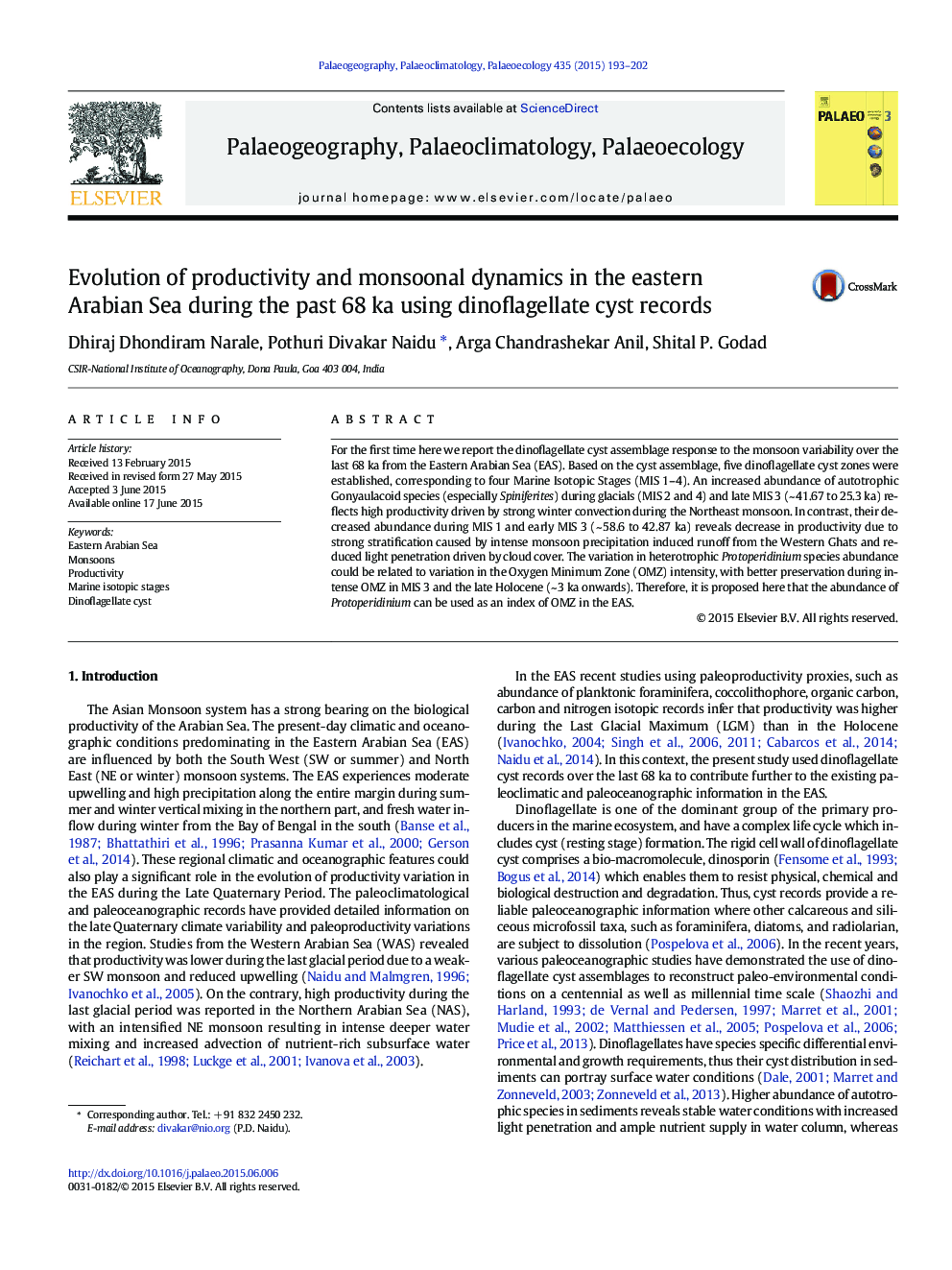 Evolution of productivity and monsoonal dynamics in the eastern Arabian Sea during the past 68Â ka using dinoflagellate cyst records