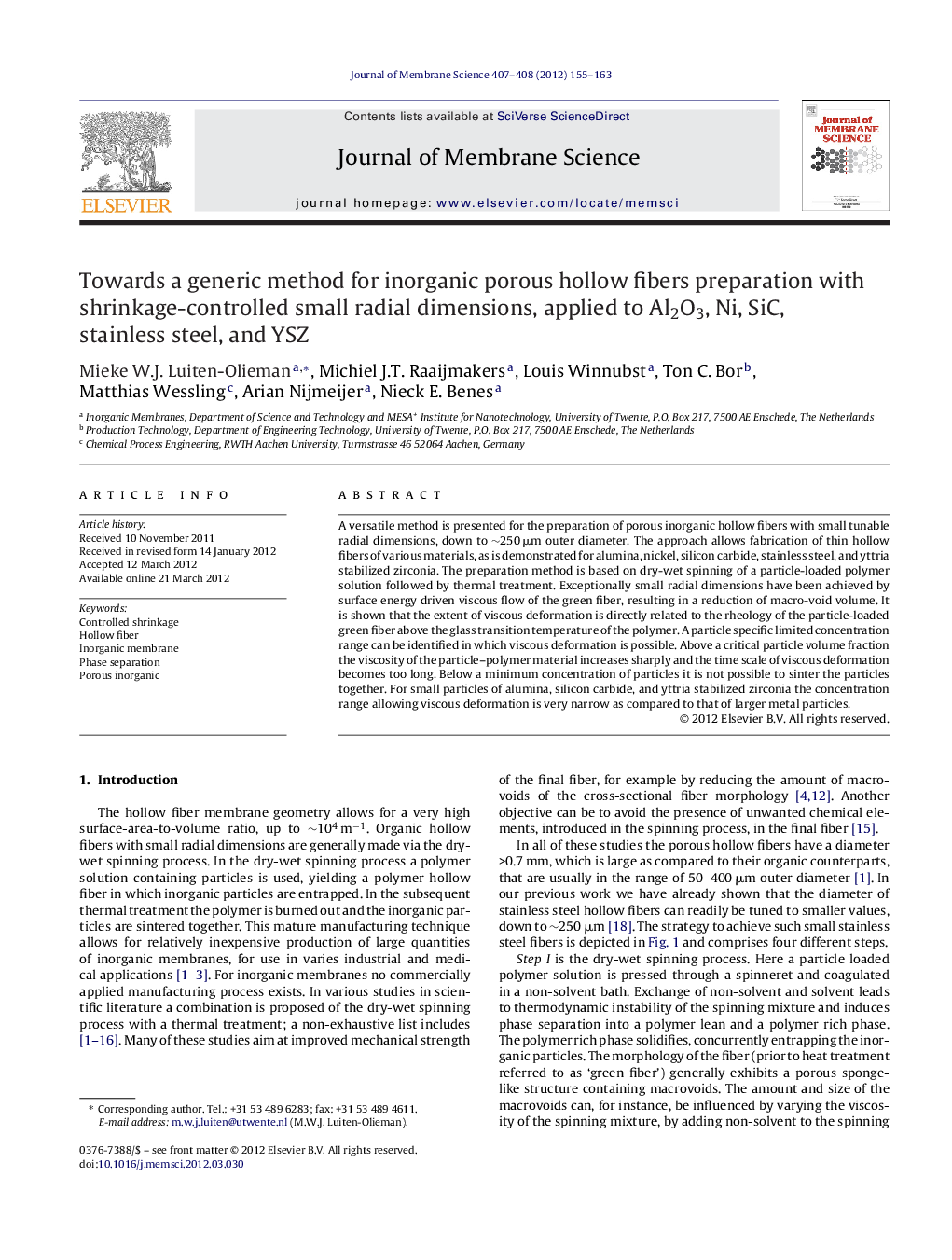 Towards a generic method for inorganic porous hollow fibers preparation with shrinkage-controlled small radial dimensions, applied to Al2O3, Ni, SiC, stainless steel, and YSZ