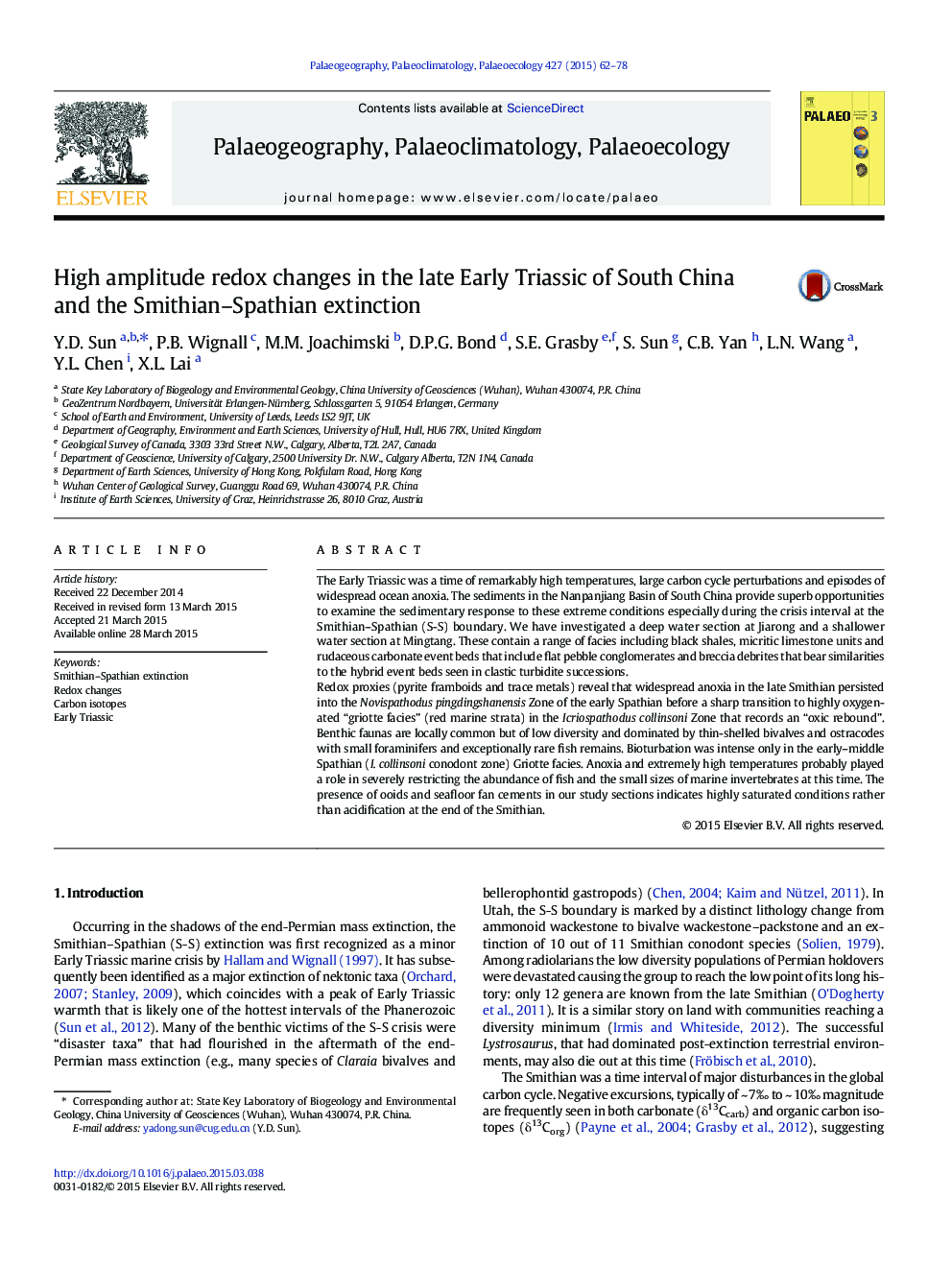 High amplitude redox changes in the late Early Triassic of South China and the Smithian-Spathian extinction