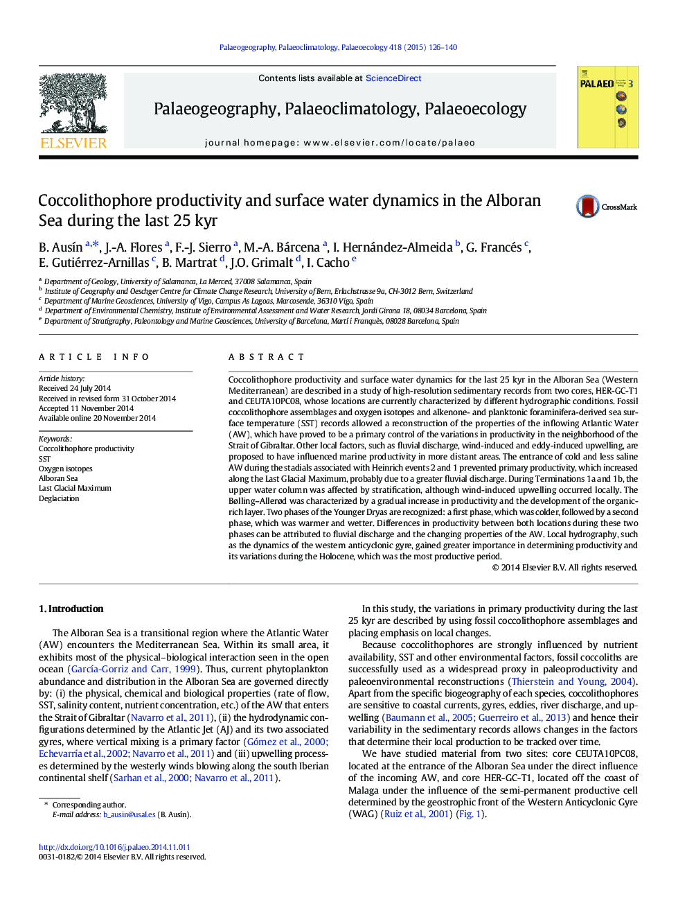 Coccolithophore productivity and surface water dynamics in the Alboran Sea during the last 25 kyr