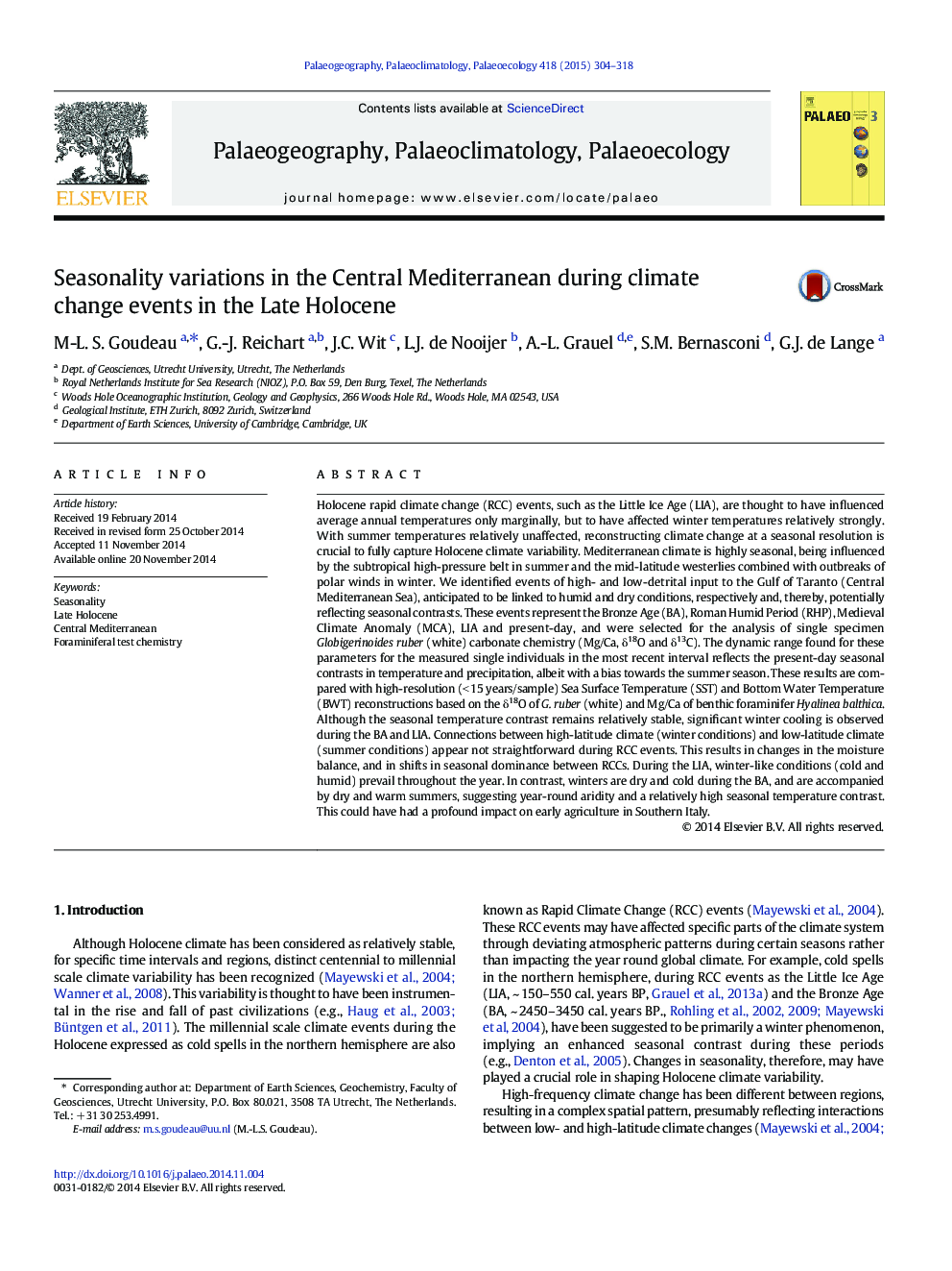 Seasonality variations in the Central Mediterranean during climate change events in the Late Holocene