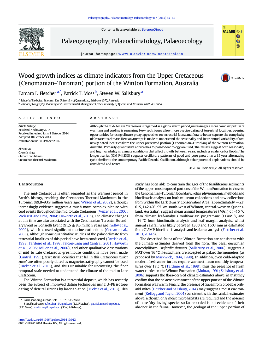 Wood growth indices as climate indicators from the Upper Cretaceous (Cenomanian-Turonian) portion of the Winton Formation, Australia