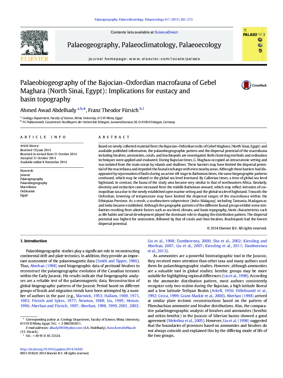 Palaeobiogeography of the Bajocian-Oxfordian macrofauna of Gebel Maghara (North Sinai, Egypt): Implications for eustacy and basin topography