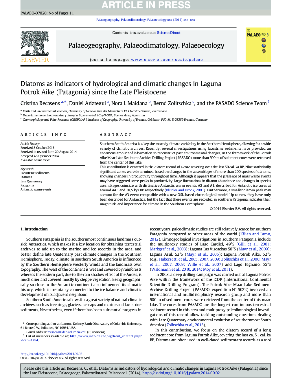 Diatoms as indicators of hydrological and climatic changes in Laguna Potrok Aike (Patagonia) since the Late Pleistocene