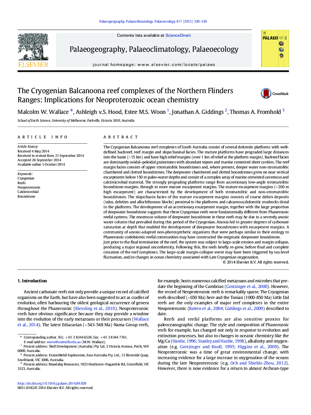 The Cryogenian Balcanoona reef complexes of the Northern Flinders Ranges: Implications for Neoproterozoic ocean chemistry