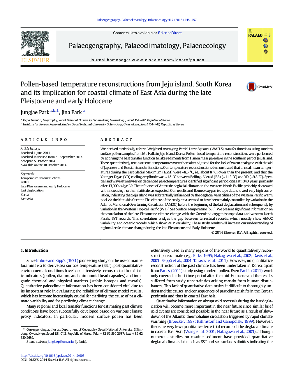 Pollen-based temperature reconstructions from Jeju island, South Korea and its implication for coastal climate of East Asia during the late Pleistocene and early Holocene