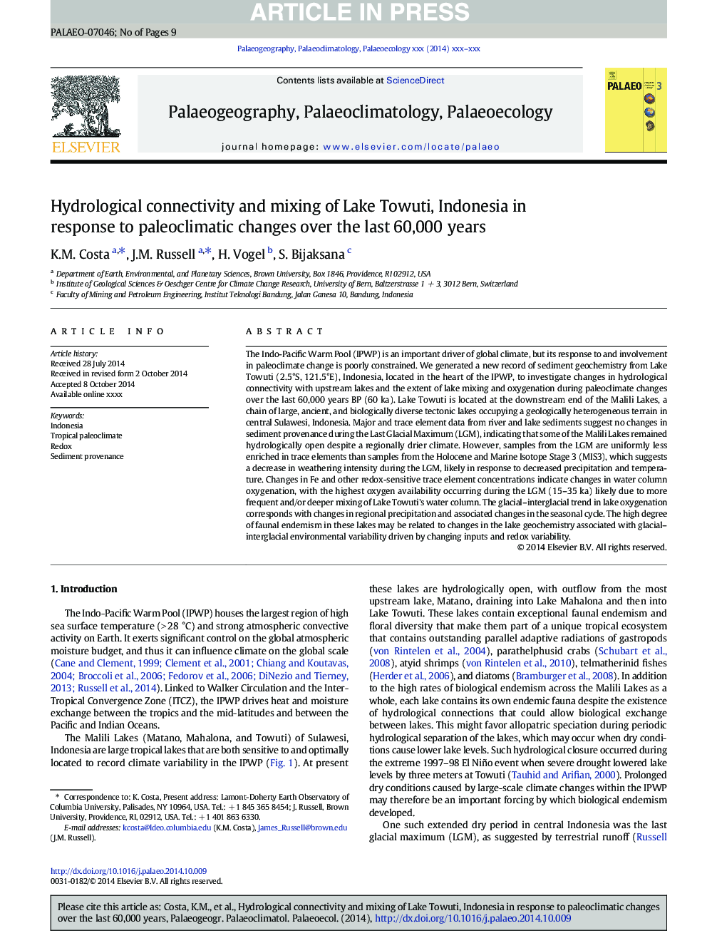 Hydrological connectivity and mixing of Lake Towuti, Indonesia in response to paleoclimatic changes over the last 60,000Â years