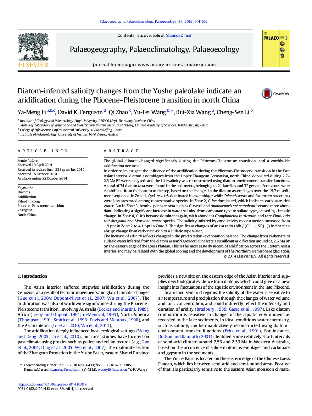 Diatom-inferred salinity changes from the Yushe paleolake indicate an aridification during the Pliocene-Pleistocene transition in north China