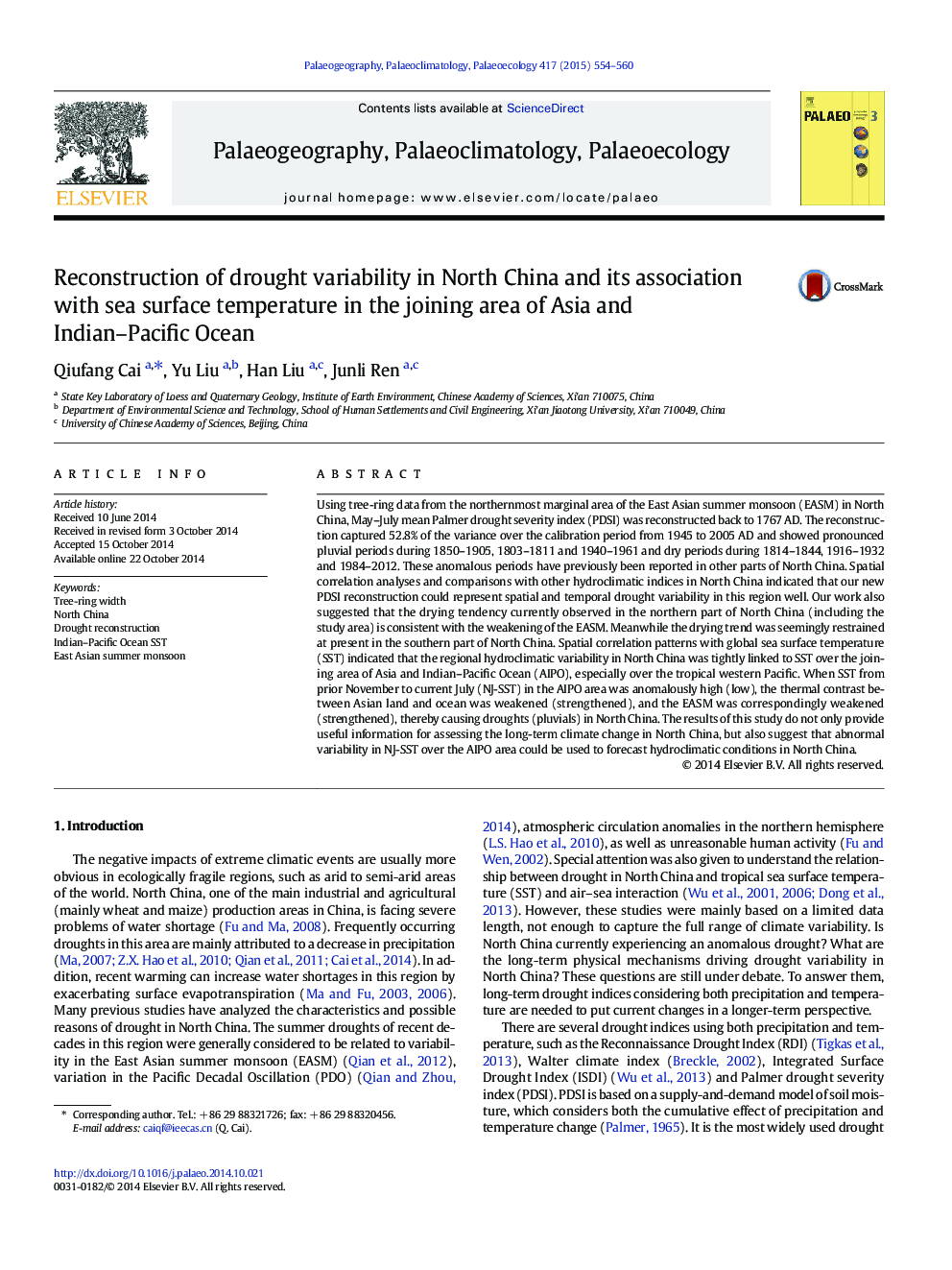 Reconstruction of drought variability in North China and its association with sea surface temperature in the joining area of Asia and Indian-Pacific Ocean