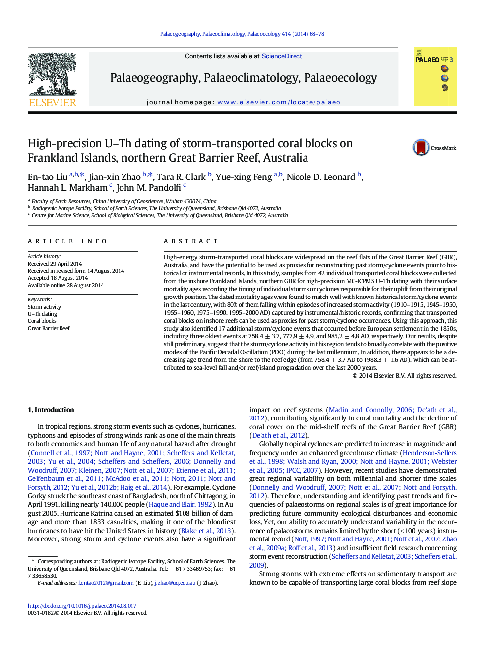 High-precision U-Th dating of storm-transported coral blocks on Frankland Islands, northern Great Barrier Reef, Australia