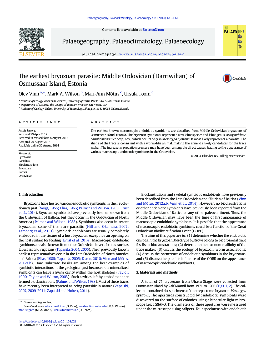 The earliest bryozoan parasite: Middle Ordovician (Darriwilian) of Osmussaar Island, Estonia