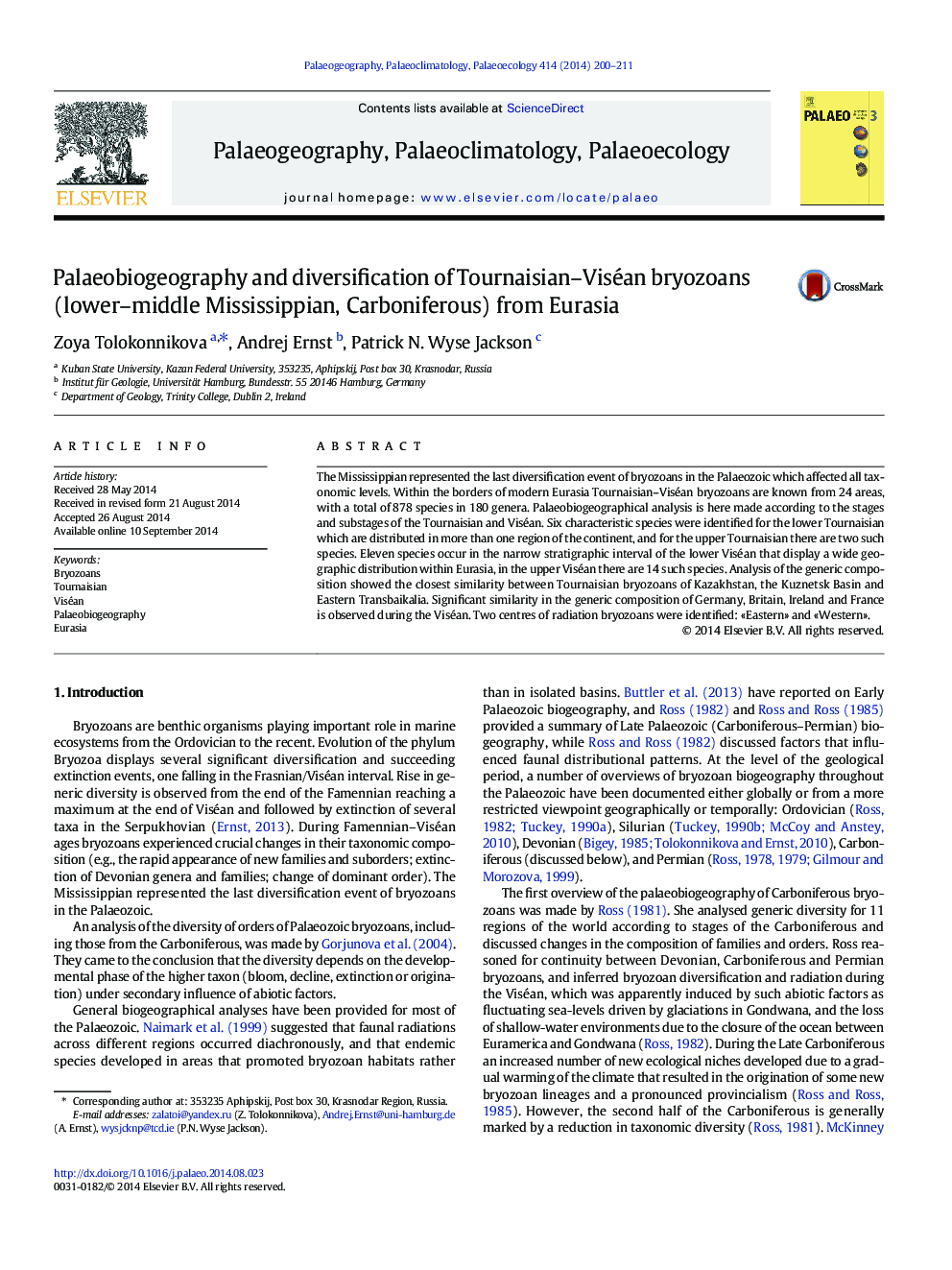 Palaeobiogeography and diversification of Tournaisian-Viséan bryozoans (lower-middle Mississippian, Carboniferous) from Eurasia