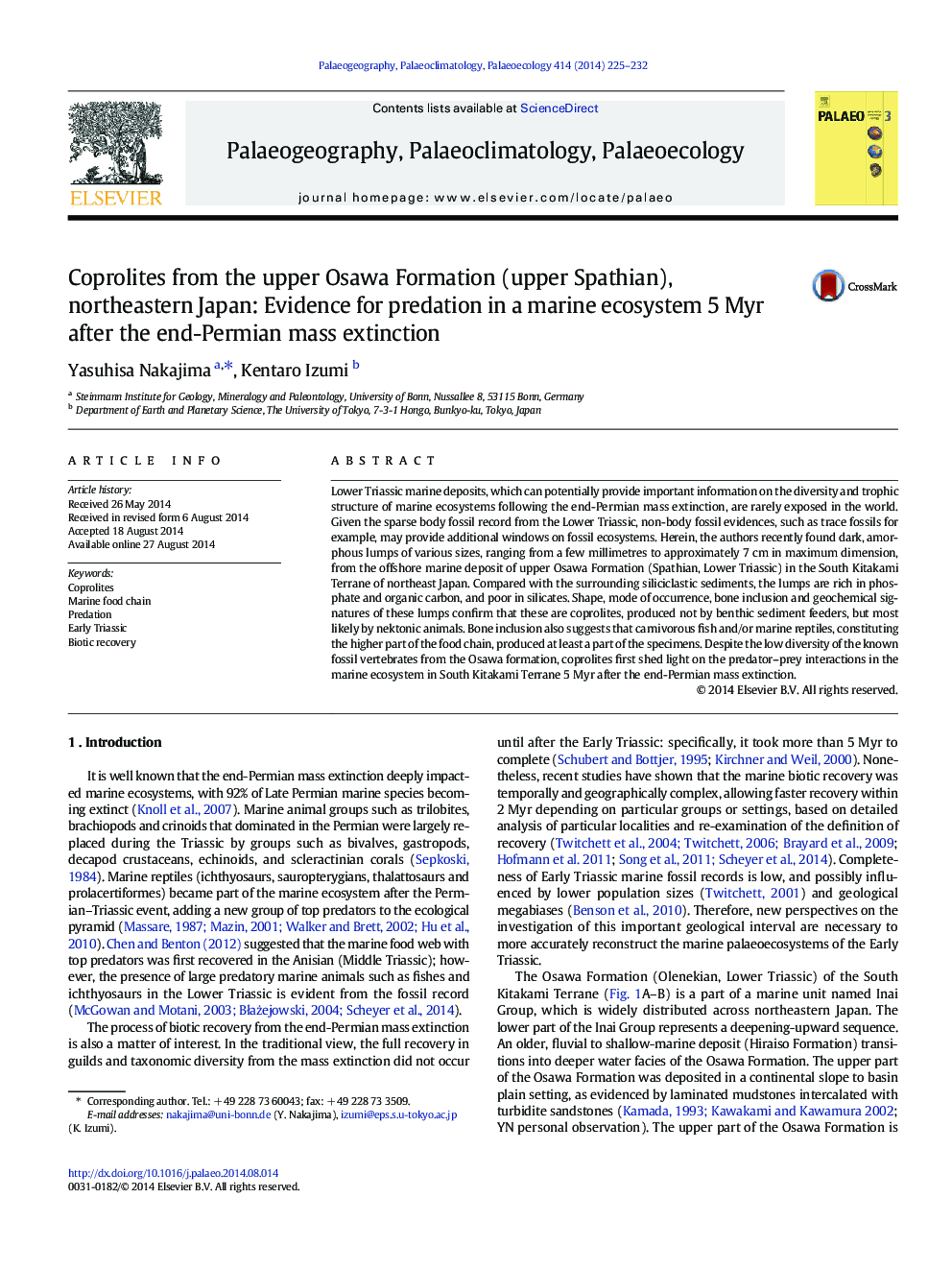 Coprolites from the upper Osawa Formation (upper Spathian), northeastern Japan: Evidence for predation in a marine ecosystem 5Â Myr after the end-Permian mass extinction