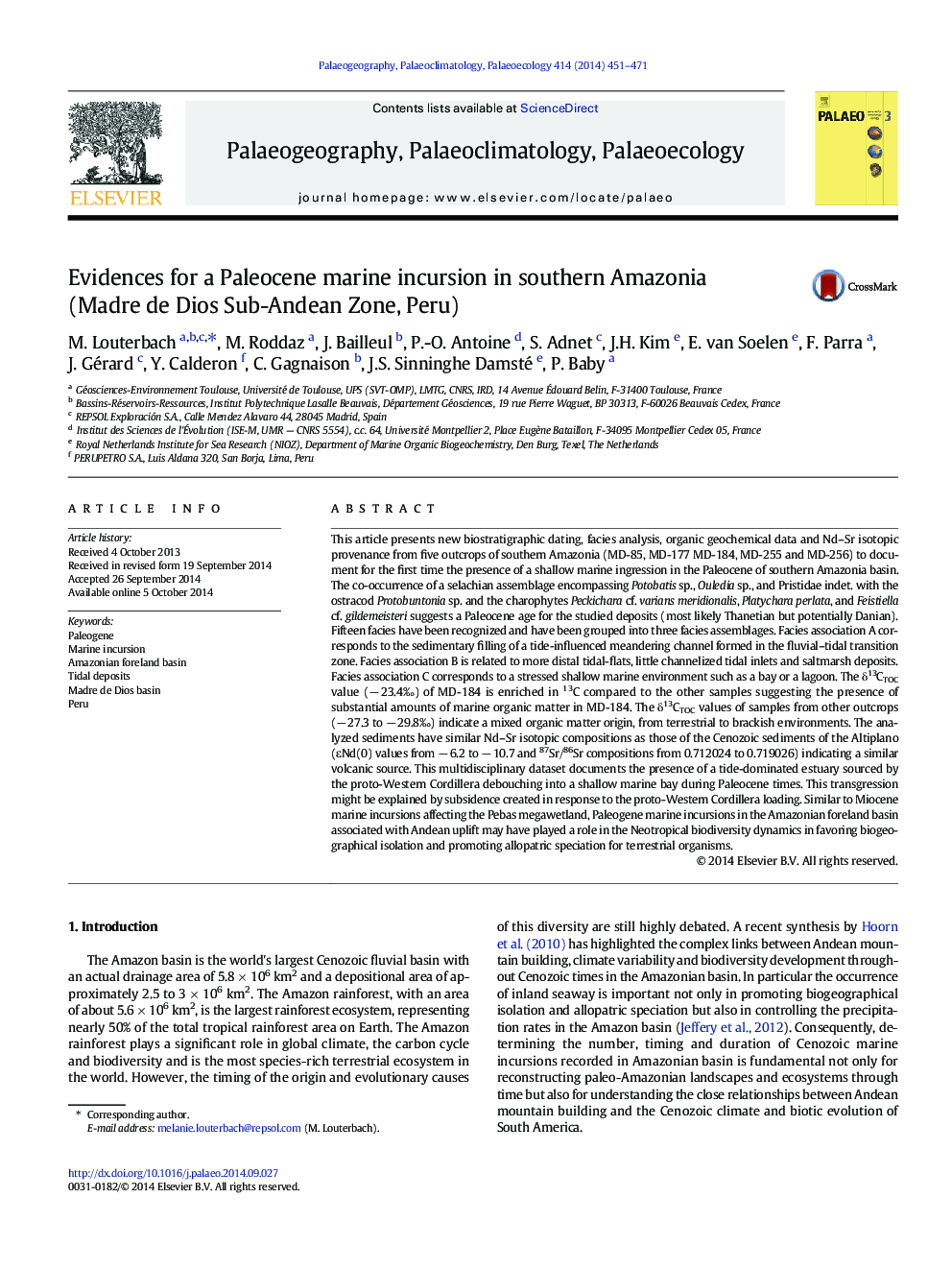 Evidences for a Paleocene marine incursion in southern Amazonia (Madre de Dios Sub-Andean Zone, Peru)