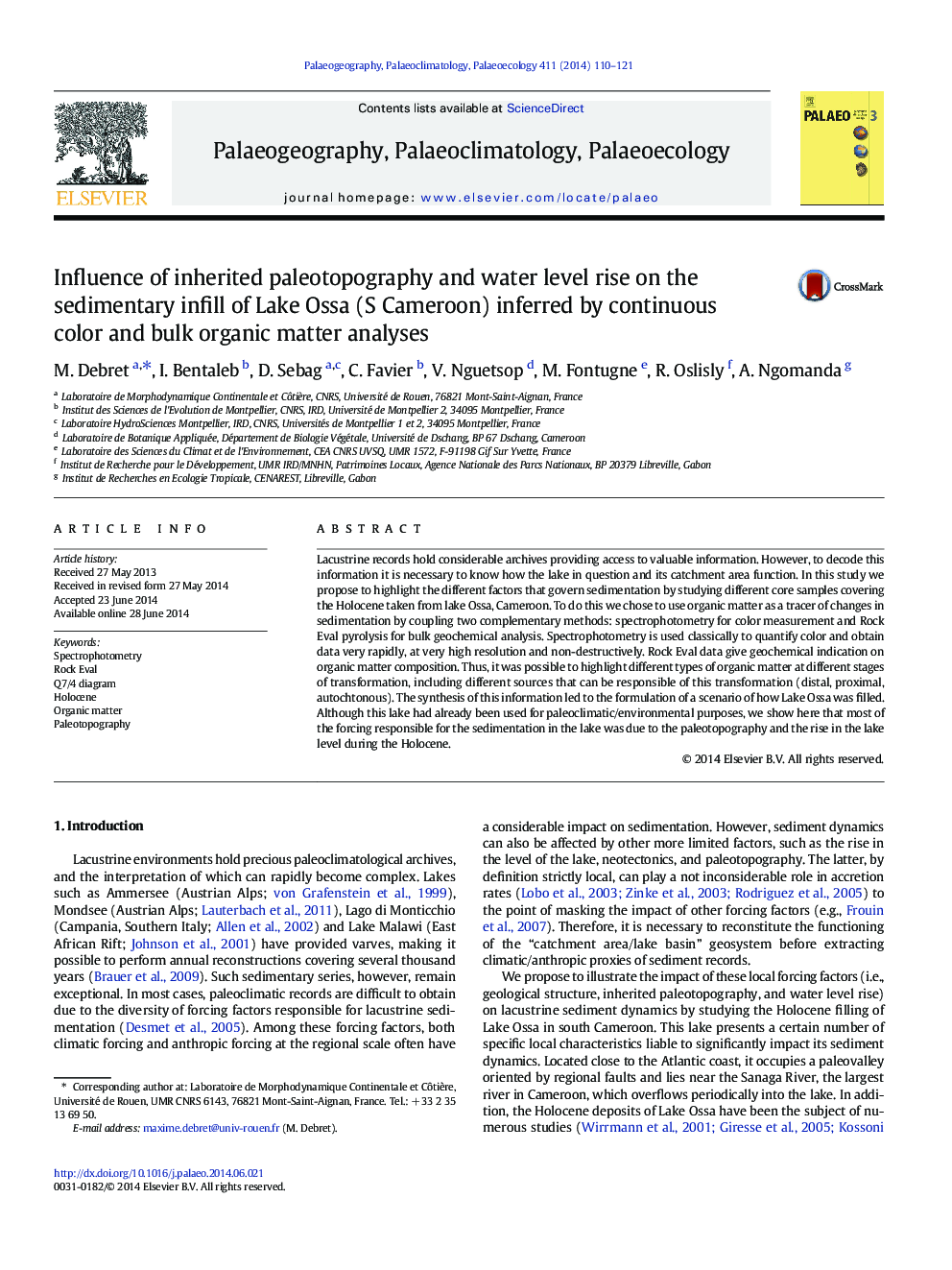 Influence of inherited paleotopography and water level rise on the sedimentary infill of Lake Ossa (S Cameroon) inferred by continuous color and bulk organic matter analyses