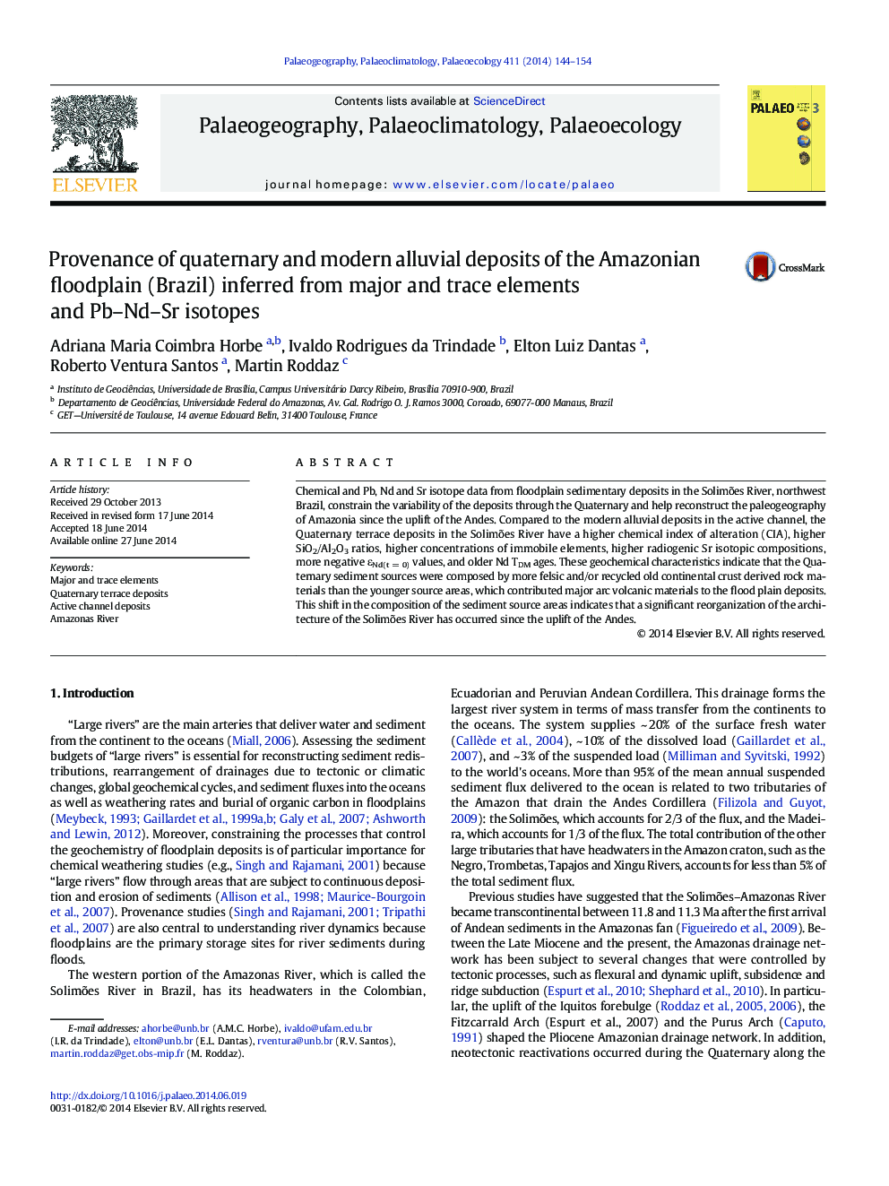 Provenance of quaternary and modern alluvial deposits of the Amazonian floodplain (Brazil) inferred from major and trace elements and Pb-Nd-Sr isotopes