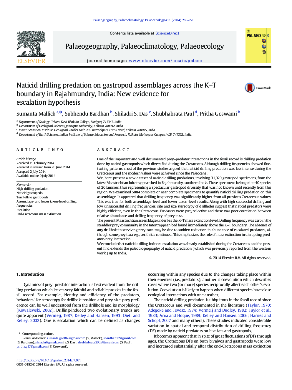 Naticid drilling predation on gastropod assemblages across the K-T boundary in Rajahmundry, India: New evidence for escalation hypothesis