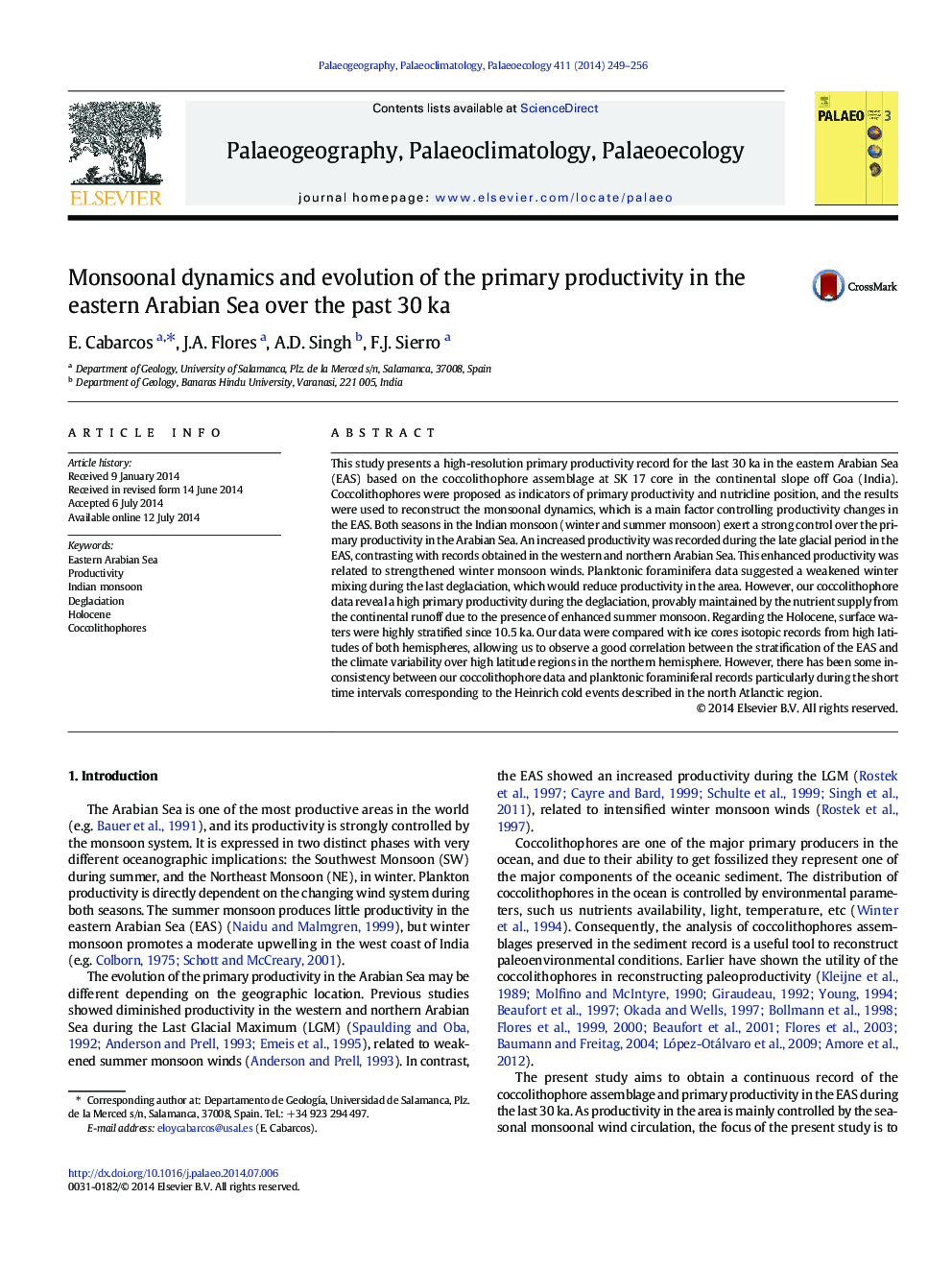 Monsoonal dynamics and evolution of the primary productivity in the eastern Arabian Sea over the past 30Â ka