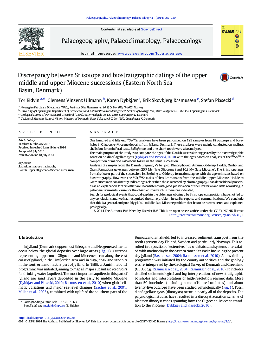 Discrepancy between Sr isotope and biostratigraphic datings of the upper middle and upper Miocene successions (Eastern North Sea Basin, Denmark)