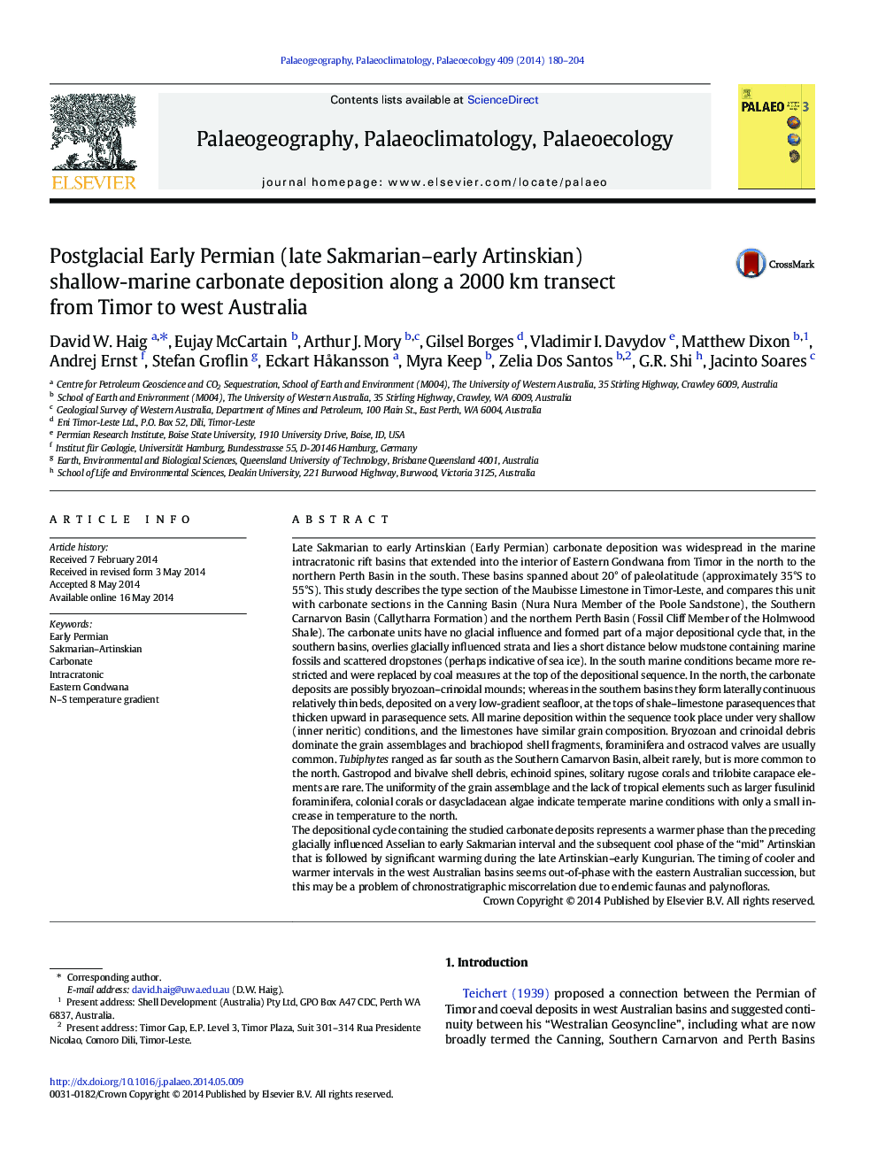 Postglacial Early Permian (late Sakmarian-early Artinskian) shallow-marine carbonate deposition along a 2000Â km transect from Timor to west Australia