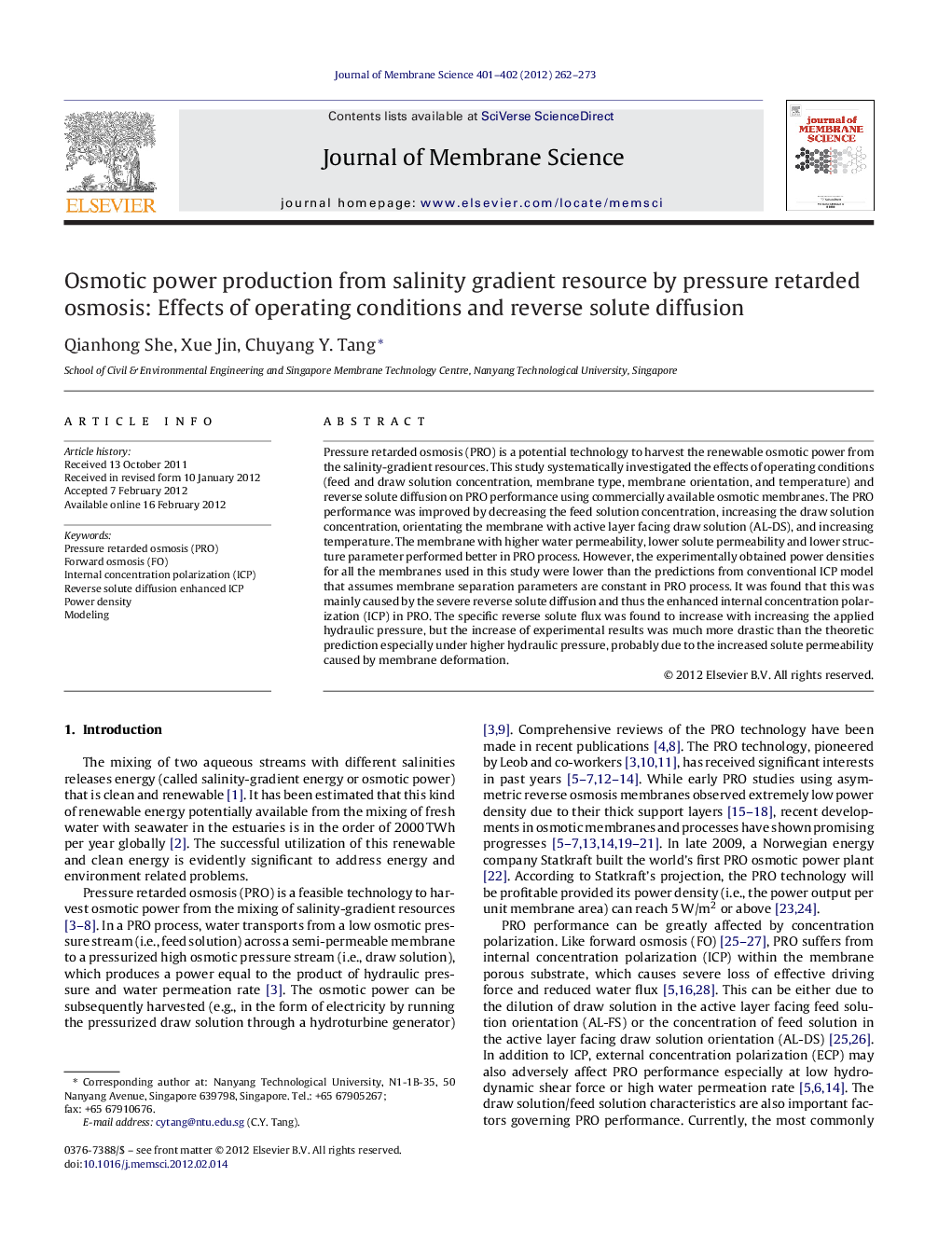 Osmotic power production from salinity gradient resource by pressure retarded osmosis: Effects of operating conditions and reverse solute diffusion