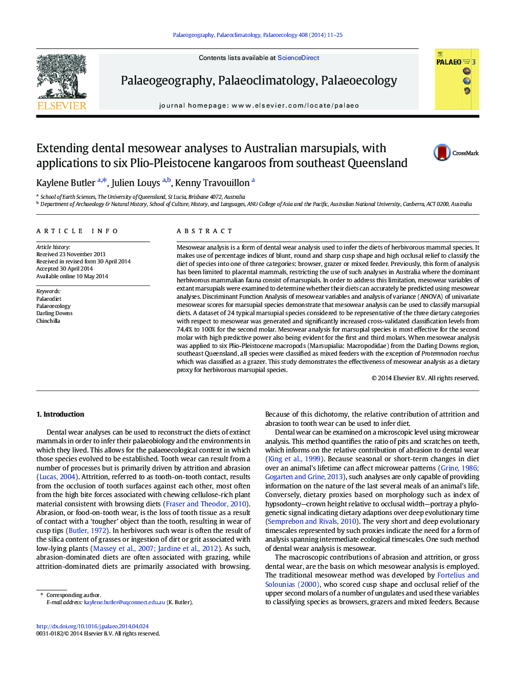 Extending dental mesowear analyses to Australian marsupials, with applications to six Plio-Pleistocene kangaroos from southeast Queensland