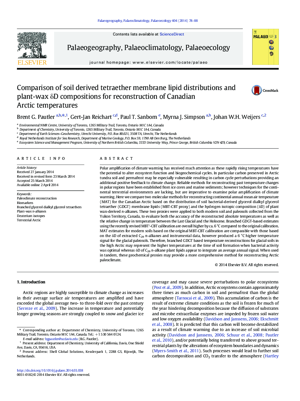 Comparison of soil derived tetraether membrane lipid distributions and plant-wax Î´D compositions for reconstruction of Canadian Arctic temperatures