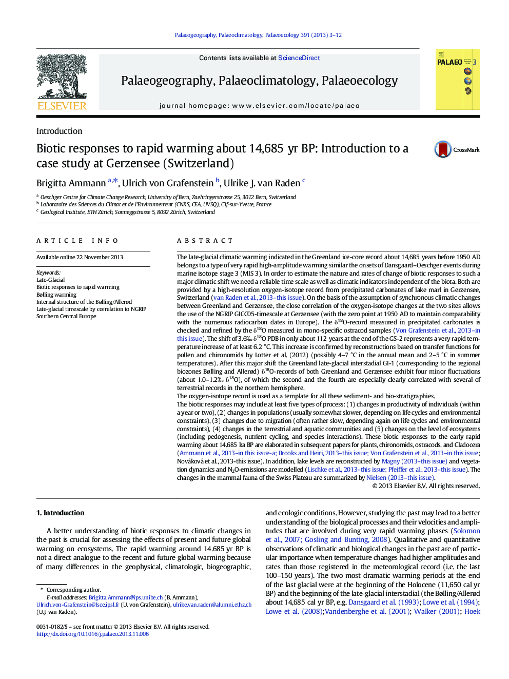 IntroductionBiotic responses to rapid warming about 14,685Â yr BP: Introduction to a case study at Gerzensee (Switzerland)