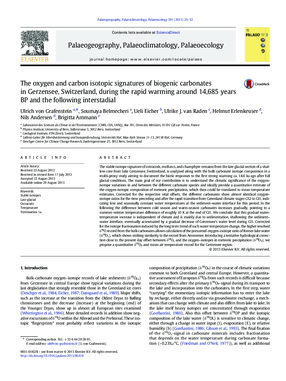 عکس صفحه اول مقاله: The oxygen and carbon isotopic signatures of biogenic carbonates in Gerzensee, Switzerland, during the rapid warming around 14,685Â years BP and the following interstadial The oxygen and carbon isotopic signatures of biogenic carbonates in Gerzensee, Switzerland, during the rapid warming around 14,685Â years BP and the following interstadial