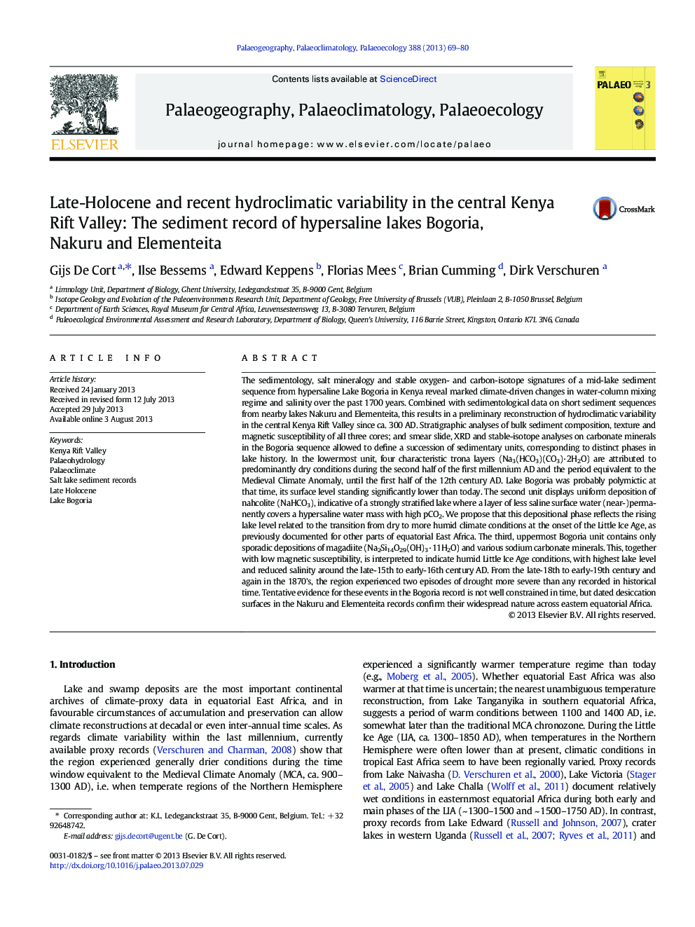 Late-Holocene and recent hydroclimatic variability in the central Kenya Rift Valley: The sediment record of hypersaline lakes Bogoria, Nakuru and Elementeita