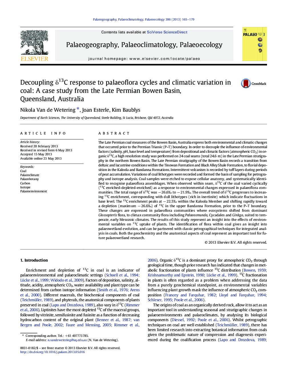 Decoupling Î´13C response to palaeoflora cycles and climatic variation in coal: A case study from the Late Permian Bowen Basin, Queensland, Australia