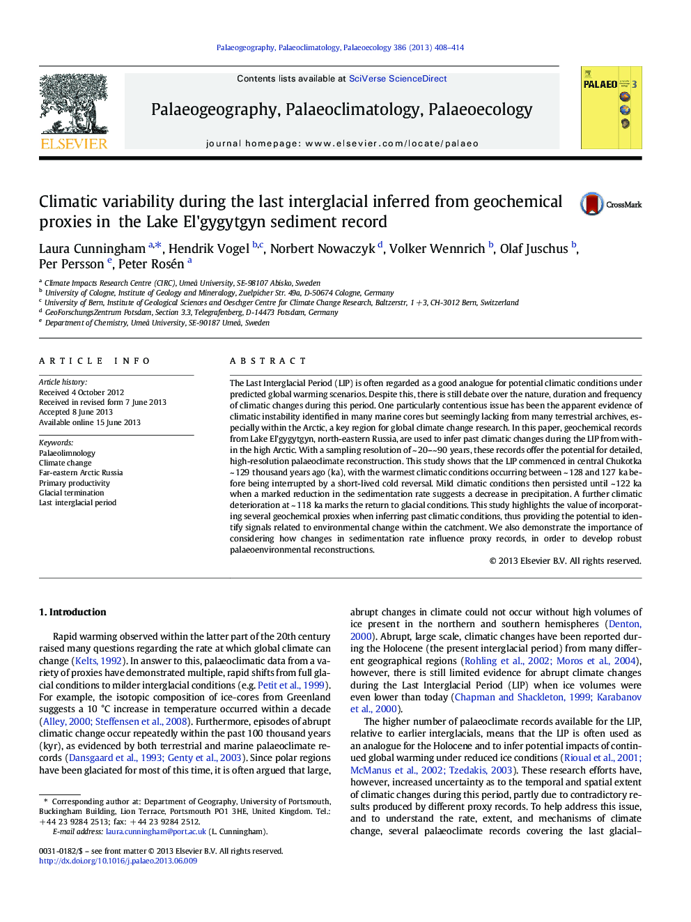 Climatic variability during the last interglacial inferred from geochemical proxies in the Lake El'gygytgyn sediment record